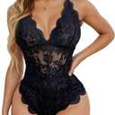dream love Women Snap Crotch Lingerie Sexy Lace Bodysuit Deep V Teddy Sleepwear One Piece Lace Babydoll S-XXL (M)