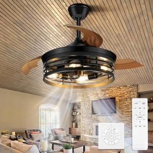 42Inch Retractable Ceiling Fans with Lights Remote Control Black Caged Ceiling Fans Farmhouse Vintage Industrial Ceiling Fan with Lights for Living Room Bedroom Kitchen Patio
