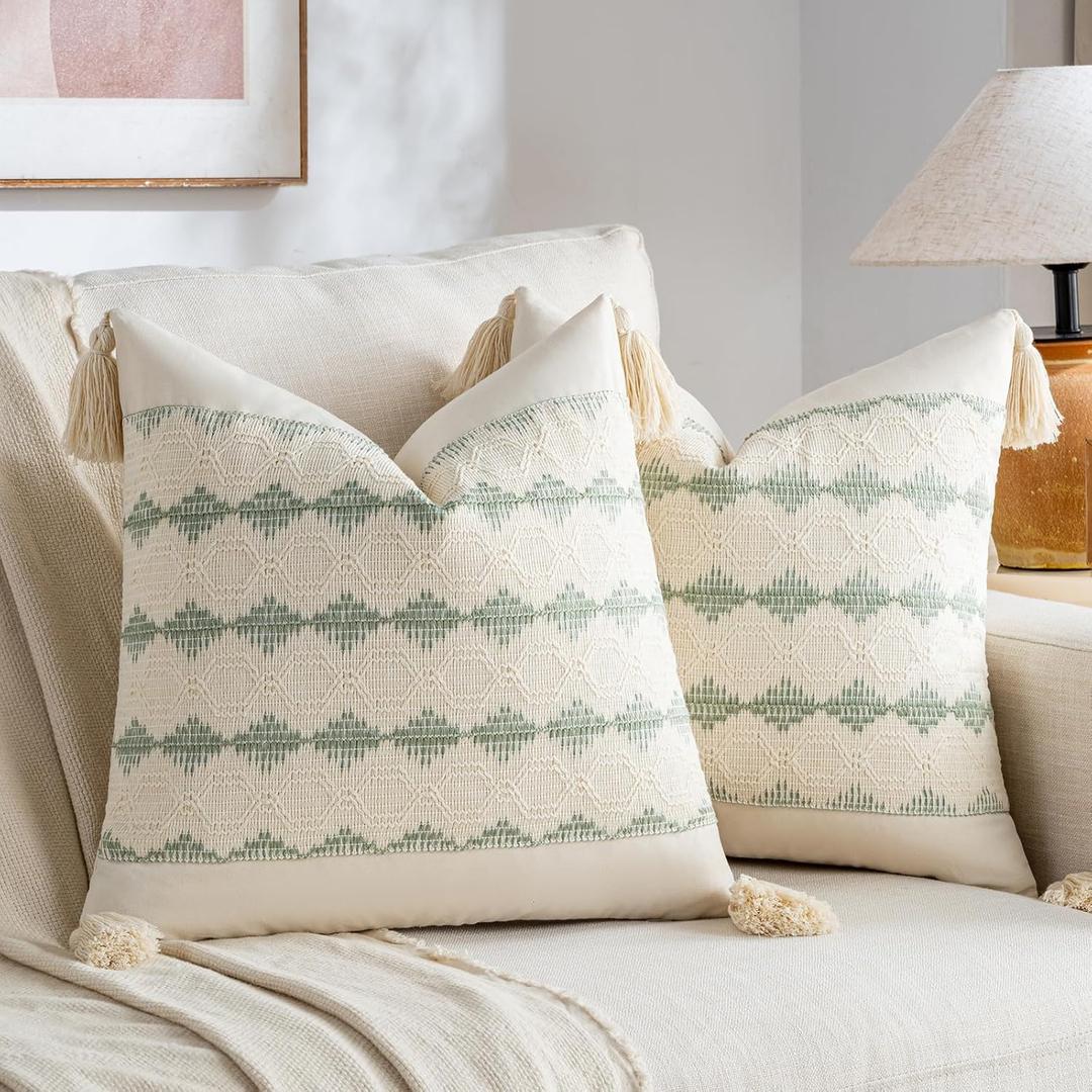 Fancy Homi Set of 2 Sage Green Boho Decorative Throw Pillow Covers 20x20 Inch for Living Room Bedroom Couch Bed Indoors, Rustic Retro Cushion Case with Tassels, Accent Macrame Woven Room Home Decor
