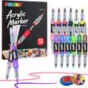 POMAC Dual Tip Acrylic Paint Markers Pens 12 Assorted Colors, Direct Liquid Acrylic Marker with Brush & Fine Tip, Water-Based Paint Marker for Fabric, Canvas, Rock, Glass, Wood, Crafts, Art Supplies