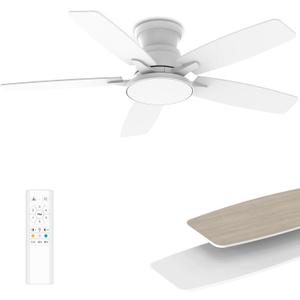Flush Mount Ceiling Fan with Light, 42 Inch, Remote Control, 3CCT Dimmable LED, 6-Speed Silent Reversible DC Motor, Low Profile Hugger Ceiling Fan for Indoor/Outdoor 90-264V 50/60Hz Fresh White