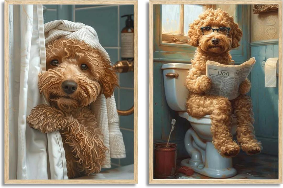 2Pcs Paint by Number Kit 16x20inch Adults Cute Curly Dog Bathroom Scenes DIY Painting Set with Pre - Numbered Canvas, Funny Puppy Art for Home Decor Gift