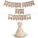 6 Months Beige Half Birthday Decorations With Half Way To One Banner And 1/2 Bir-thday Hat For Six Months Ha-Lf Year BD Decor-ations Boy Girls