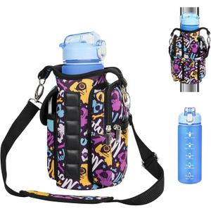 Magnetic Gym Bag with 27 oz Gym Bottle, Water Bottle Holder Pouch Carrier Bag with Adjustable Strap, Side Pockets, for Outdoor Workout (Pattern)