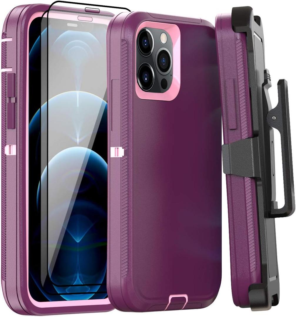 Case for iPhone 12 Pro Max Case 6.7" Belt-Clip Kickstand Holster with 2 Screen Protector,Full Body Rugged Heavy Duty Military Grade Shockproof/Drop Protection Cover (Wine Red Pink+Clip)