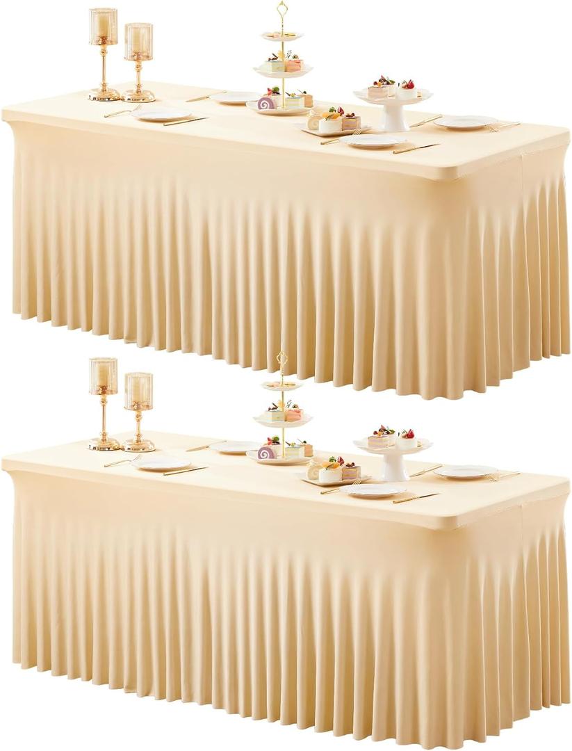 2 Packs Dark Champagne Spandex Tableclothes for 6 Foot Rectangle Tables, Wrinkle Free 6ft Fitted Table Cover Stretch Table Cloth Desk Skirt for Weddings Baby Shower Birthday Party Banquet Decorations