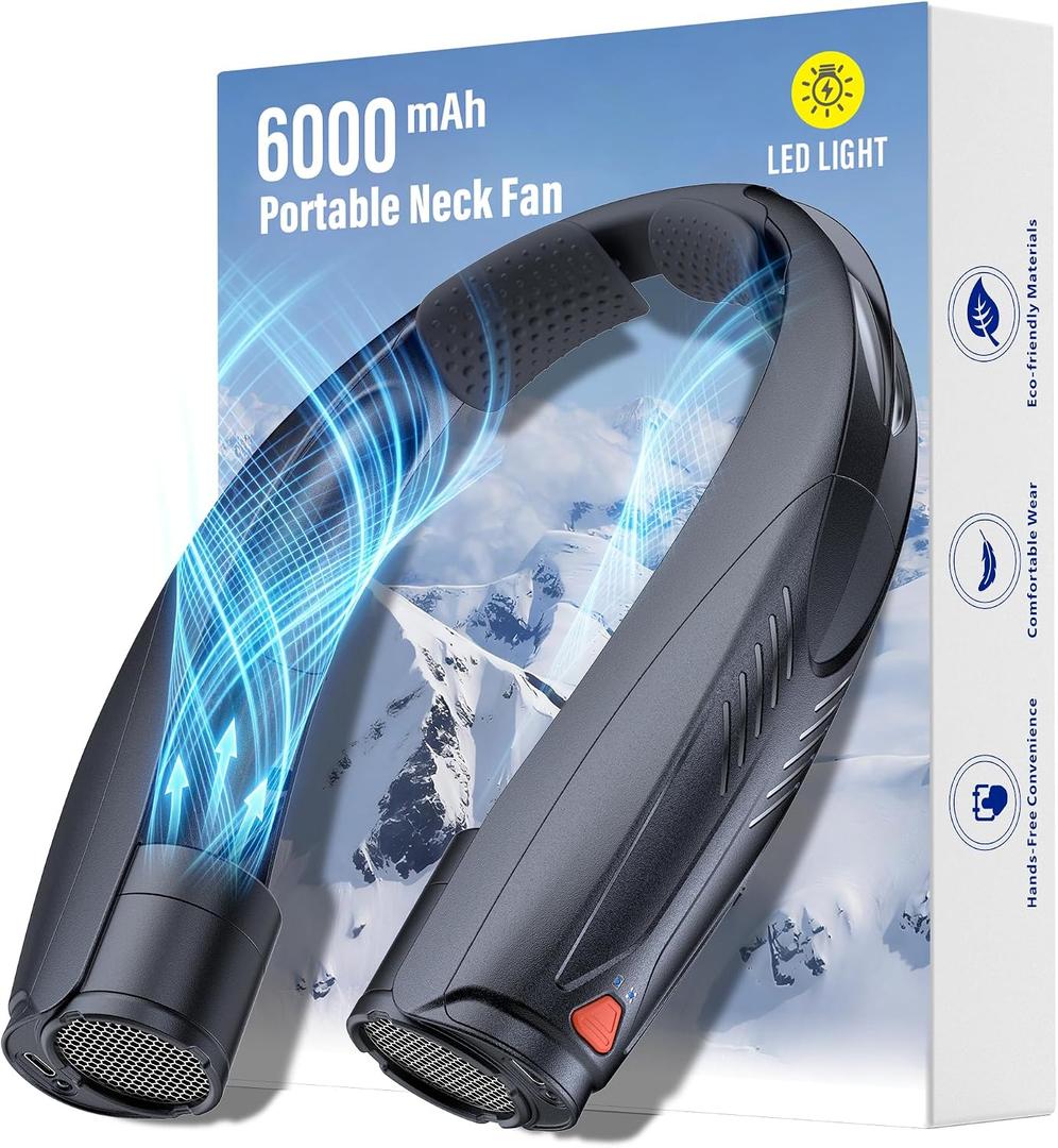 Portable Neck Fan with Reading Light, 6-Speed Wearable Fan, 6000mAh USB-C Rechargeable Hands Free Fan, Summer Gifts for Men Women, for World Cup, Outdoor Work, Travel, Camping - Black, Medium