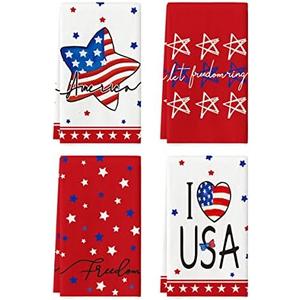 Artoid Mode American Flag 4th of July Kitchen Towels Dish Towels, 18x26 Inch Freedom Love Patriotic Memorial Day Decoration Hand Towels Set of 4