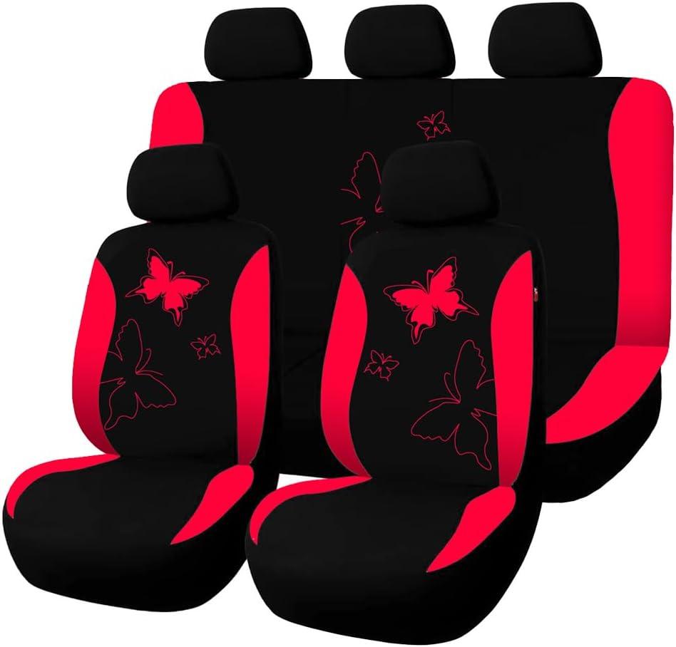 Car Seat Covers, 9PCS Butterfly Print High Back Vehicle Front Seat & Rear Bench Protector, Breathable Automotive Interior Chair Accessories, Universal for SUV Sedan Truck (Red)