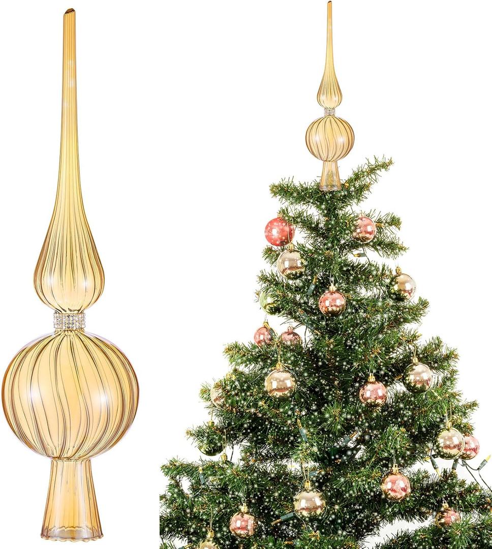 Gejoy Mercury Glass Finial Christmas Tree Topper 12 Inches Vintage Spherical Xmas Tree Topper Mid Century Christmas Ornament for Home Xmas Holiday Party Decorations (Amber)