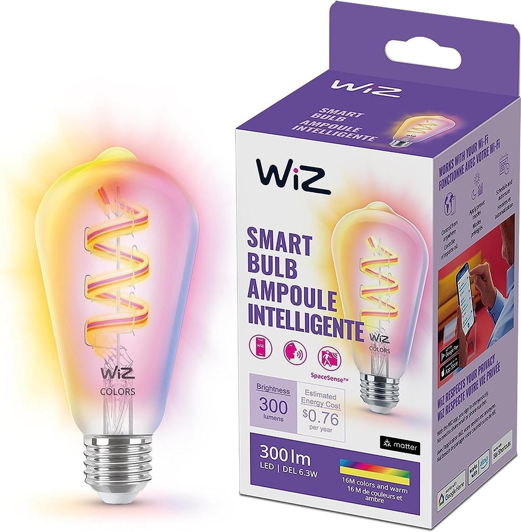 WiZ Connected Color ST19 Color Filament LED Smart Bulb - Pack of 1-300 Lumen - E26 Indoor - Connects to Your Existing Wi-Fi - Control with Voice or App + Activate with Motion - Matter Compatible