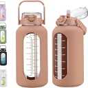 chunmo 74 oz Glass Water Bolttles with Straw Large Motivational Water Bottle with Time Marker Sports Water Bottles with Silicone Sleeve and Handle Lid 2.2L Water Jug for Gym Workout