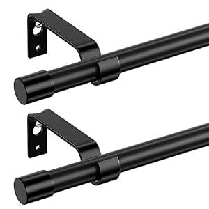 Curtain Rods for Windows 28 to 48 inch, Black Curtain Rod 2 Pack, 5/ 8" Diameter Metal Curtain Rod Set of 2 with Brackets, Splicing Adjustable Curtain Rod for Bedroom, Living Room, Kitchen, Black