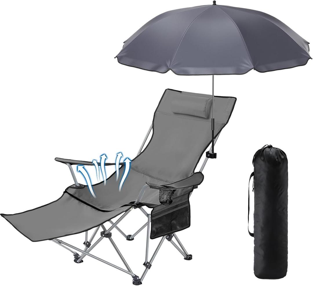 Karenhi 1 Set Beach Camping Chair with Umbrella for Adult Folding Reclining Camping Chair with Foot Rest Adjustable Clamp Canopy Shade for Outdoor Patio Beach Travel