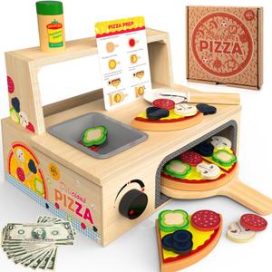 Wooden Pizza Toy - 48 PCS Montessori Pretend Play Food for Ages 3+, Educational Learning Toy Wooden Playset with Bake Oven, Christmas, Birthday Gift
