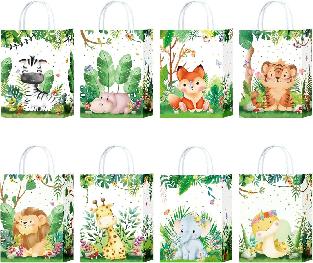 24Pieces Safari Goodie Bags Jungle Animals Party Favor Bags with Handles Zoo Animals Print Candy Bags Woodland Gift Bags for Baby Birthday Jungle Themed Party Supplies (Party-A)