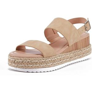 LAICIGO Women’s Open Toe Wedge Platform Espadrilles Ankle Strap Buckle Faux Leather Cork Rubber Summer Sandals, (Size 7-Khaki)
