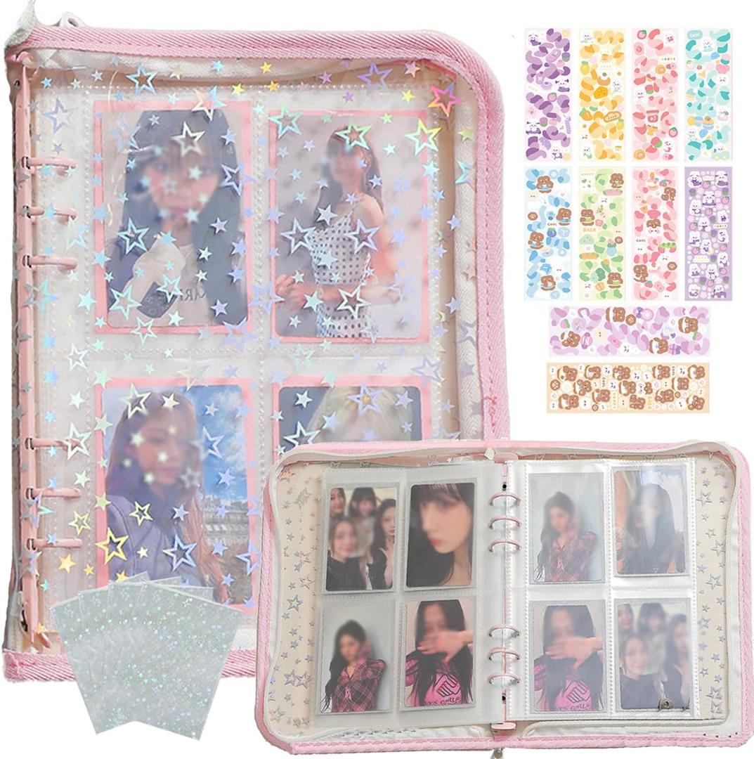 Kpop Photocard Binder with 6 Stickers Sheet & 50 Shinning Protective Card Sleeves Kpop Photocard Holder Book, A5 Binder Photocard Album 25 Inner Pages with 200 Pockets 6 Ring (Pink)