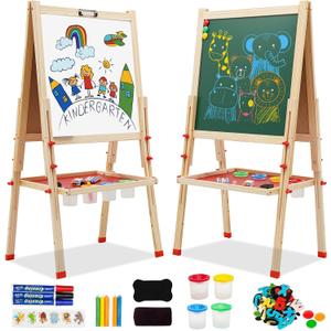 Wooden Art Easel for Kids, Double Sided Kids Easel with Whiteboard & Chalkboard, Height Adjustable Standing Toddler Easel with Number and Painting Accessories, Education Gift for Boys and Girl Ages 3+