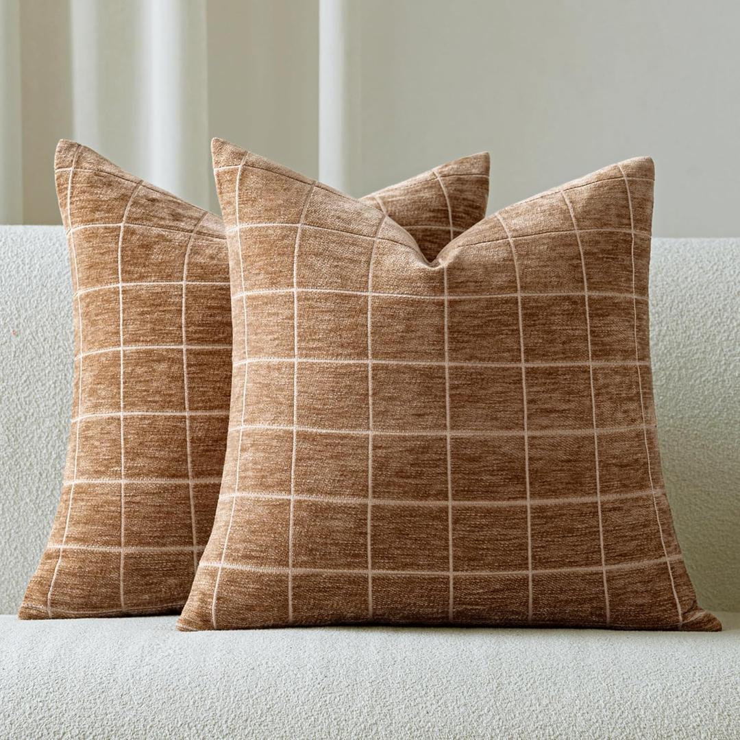 Decorative Chenille Plaid Throw Pillow Covers 16x16 Inch Set of 2 Vintage Check Couch Pillows Neutral Boho Farmhouse Cushion Covers Modern Home Decor for Sofa Bed Living Room Camel