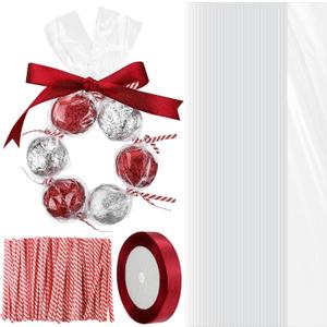 Yexiya 50 Pcs Valentines Cellophane Treat Bags with Twist Tie Ribbon 2'' x 24" Long Clear Plastic Cellophane Wreath Candy Bags for Valentines Party Favor Wedding Chocolate Candy Making Kit(Wine Red)