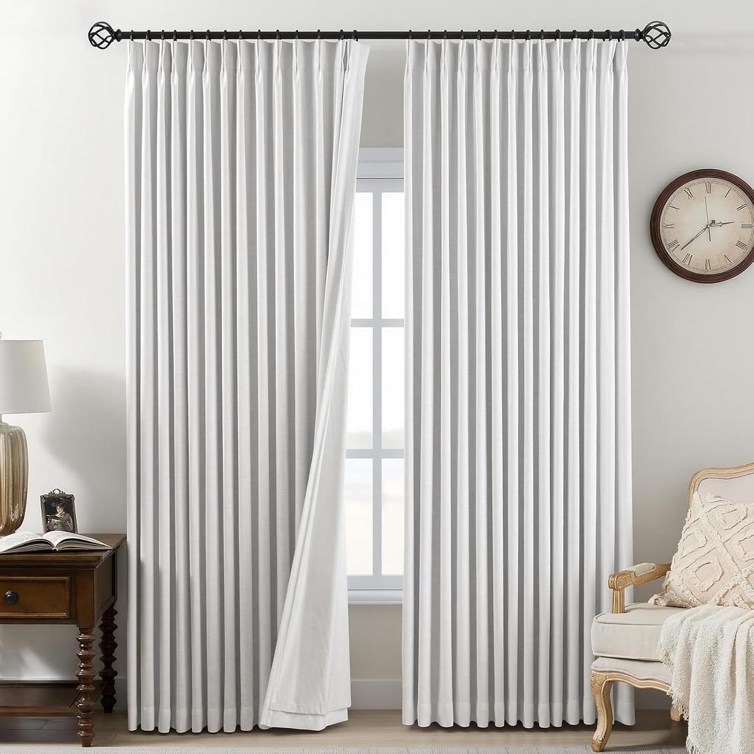 Pinch Pleated Curtains 100% Blackout Linen Curtains 95 Inches Long for Bedroom Living Room, White Memory Trained Thermal Insulated Room Darkening Window Pleat Drapes with Hooks, 2 Panels, 40"Wx95"L
