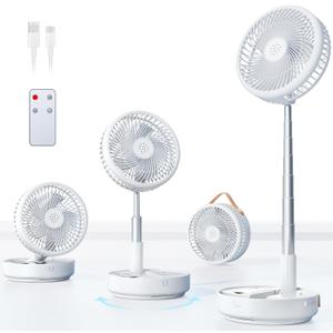 Portable Oscillating Travel Fan, 10400mAh Battery Operated Rechargeable USB Floor Table Desk Fan with Remote, 4 Speed Settings Pedestal Fan for Home Bedroom Office Camping, White, 8"