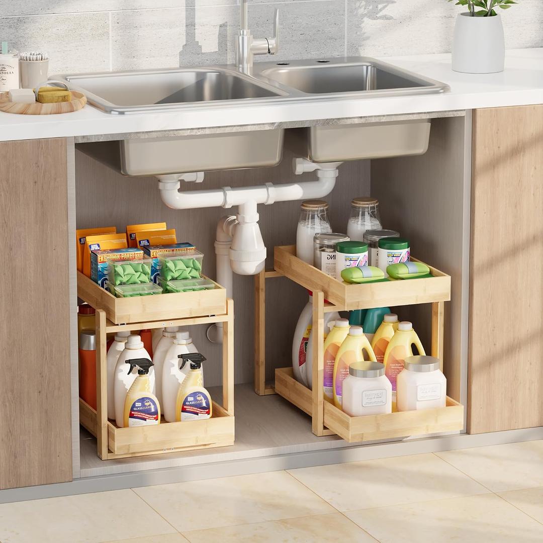 APRTAT 2 Pack Under Sink Organizer, Bamboo Wooden 2-Tier Pull-Out Storage with Sliding Drawers for Kitchen and Bathroom Cabinets, Easy Installation (Natural, 2 Packs)