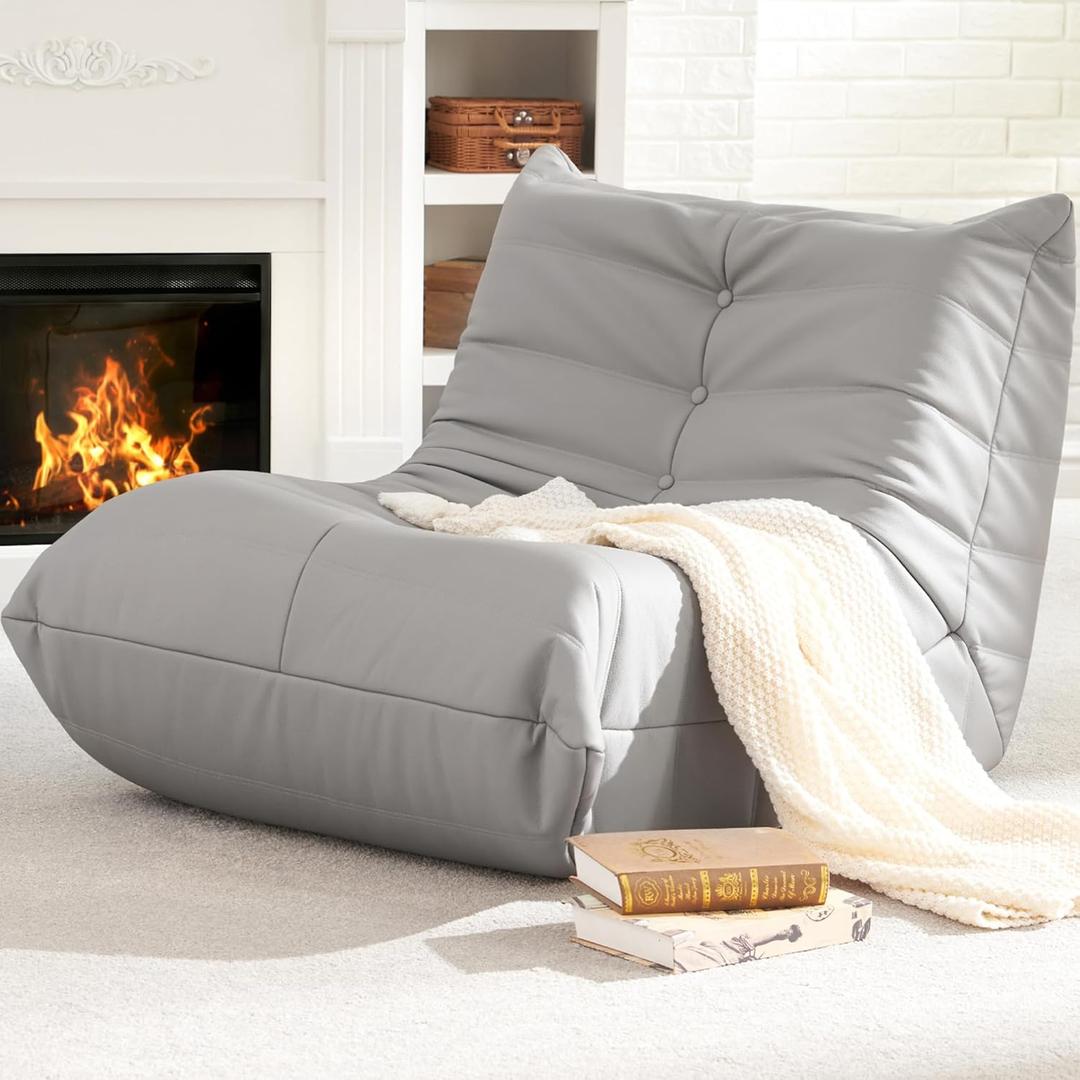 Hobestluk Bean Bag Chair Giant Bean Bag Sofa Memory Foam Bean Bag Chairs for Adults, Bean Bag Couches Faux Leather Bean Bag Chairs for Living Room Bedroom Dorm Office (Light Grey)