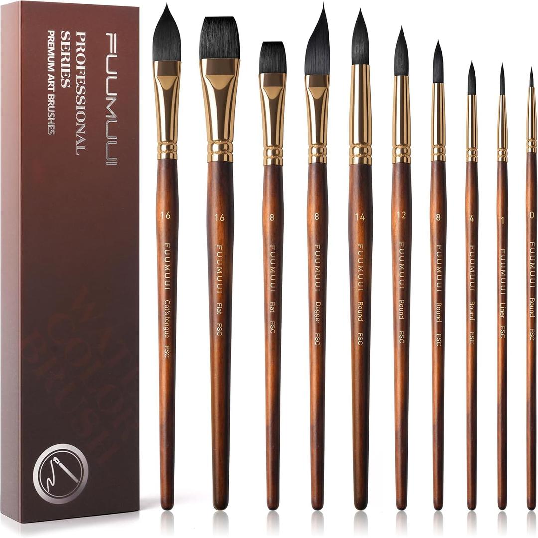 Watercolor Brushes Professional, Fuumuui 10Pcs Synthetic Squirrel Hair Water Color Paint Brush Set for Artists - Flat, Round Pointed, Dagger, Cats Tongue Oval Wash for Watercolor Gouache Inks Painting (Brown)