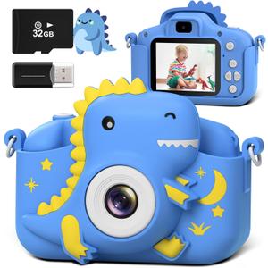 Kids Camera, Dinosaur Toddler Digital Camera for Boys Girls, Christmas Birthday Gifts, Selfie 1080P Camera for 3 4 5 6 7 8 9 Years Old Toys Dark Blue