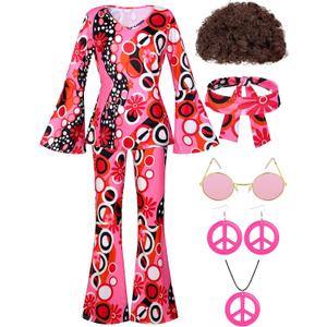 SOMSOC 7 Pack 70s Women Hippie Costume Set Boho Flared Pants Tie Dye Headband Necklace Earrings Wig for Halloween Cosplay (Large, Hot Pink)