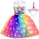 ZeroStage Sequin LED Light Unicorn Costume for Girl Birthday Decorations Halloween Christmas Party Outfit Princess Tutu Dress (7-8 Years, Rainbow)