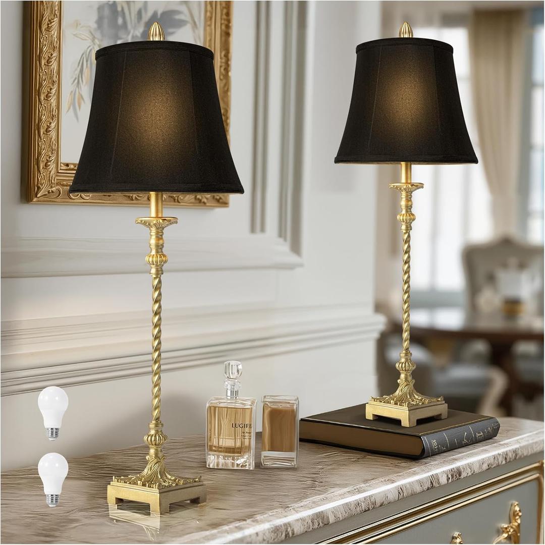 33'' Tall Vintage Table Lamp Set of 2, Candle Stick Buffet Lamps with Gold Leaf Finish and Black Linen Shades, 3-Way Dimmable Bulbs Included, Nightstand Lamps for Living Room Bedroom Dinning Entryway