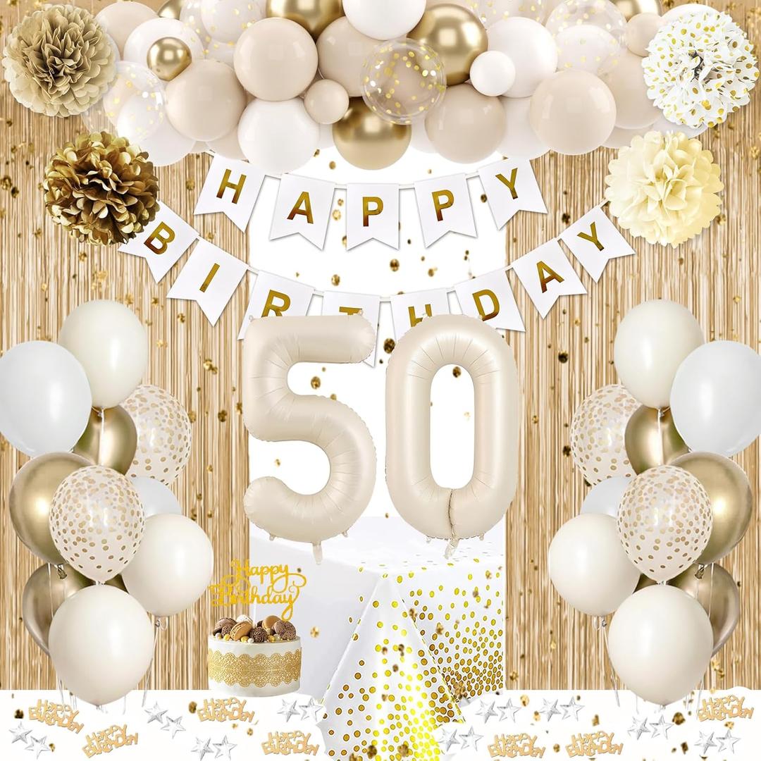 50th Birthday Decorations, Happy 50th Birthday Decorations White and Gold Balloons Happy Birthday Banner Tablecloth Fringe Curtain Cake Topper Paper Pom Poms Men Women 50th Party Decorations 50 Bday