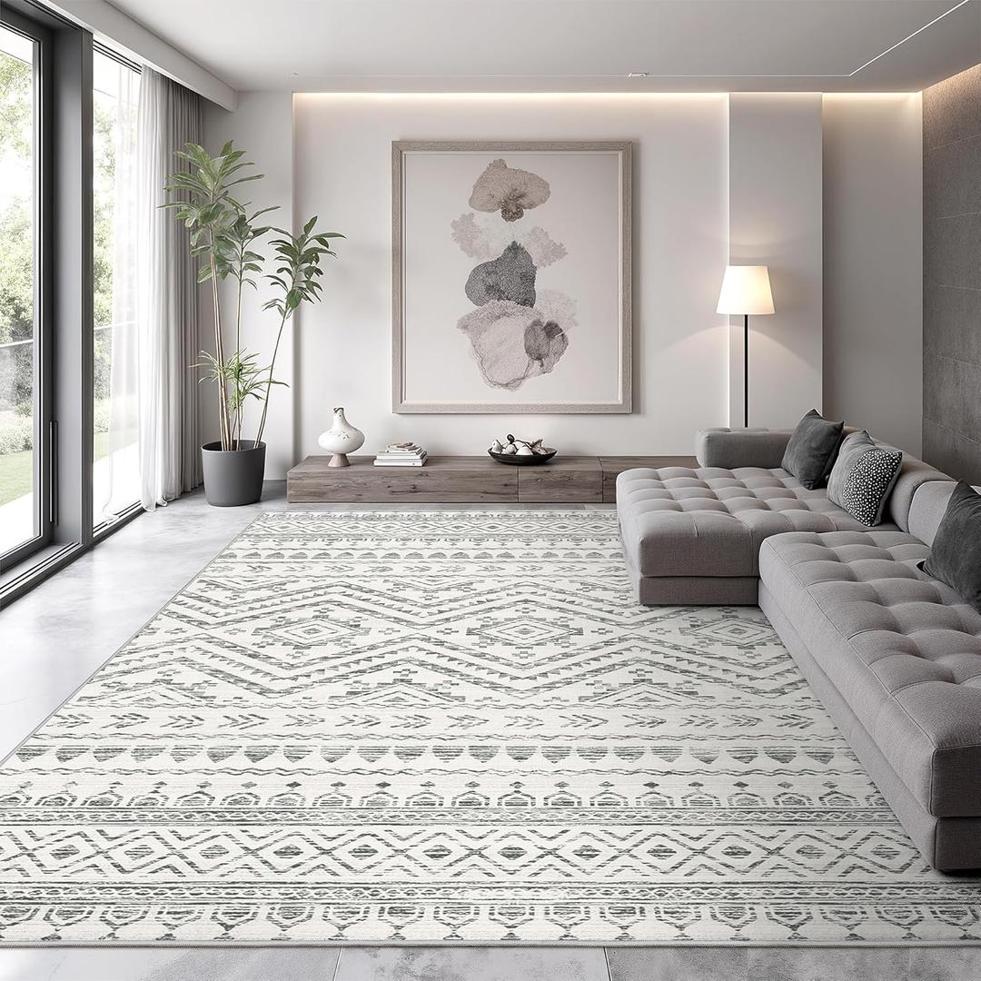 9x12 Area Rug for Living Room Moroccan Washable Rugs Non Slip Indoor Floor Carpet Foldable Large Soft Area Rug for Dining Room Bedroom with Low Pile(Grey,9'x12')