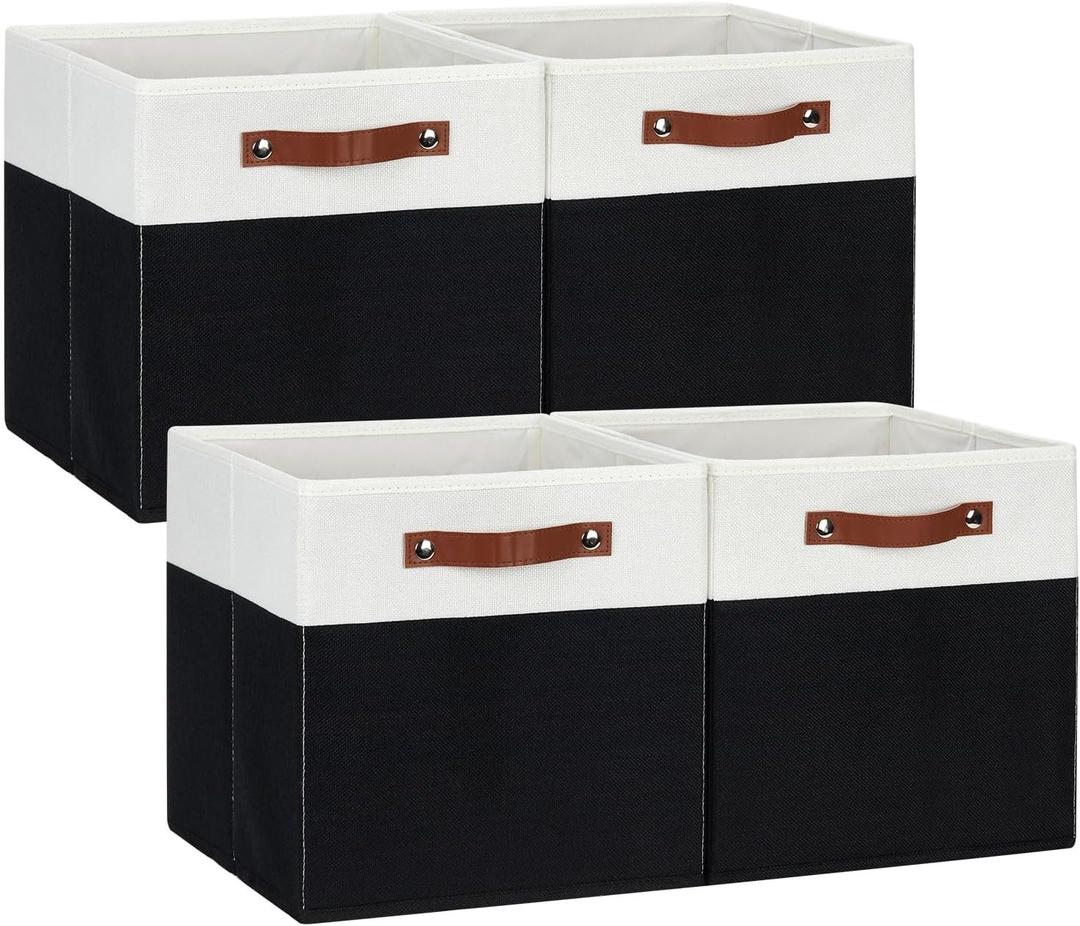 DULLEMELO Fabric Storage Bins for Shelves, Cube Storage Organizer Bins with PU Handles, Set of 4 Decorative Collapsible Storage Bins for Cube Storage,White&Black (12"-4 pack)