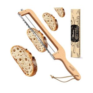 Woodever Adjustable Bread Knife for Home Use, Wooden Sourdough Bread Slicer for Homemade Bread with Bow Design, Premium Stainless Serrated Bread Cutter for Bagels and Baguettes-Natural