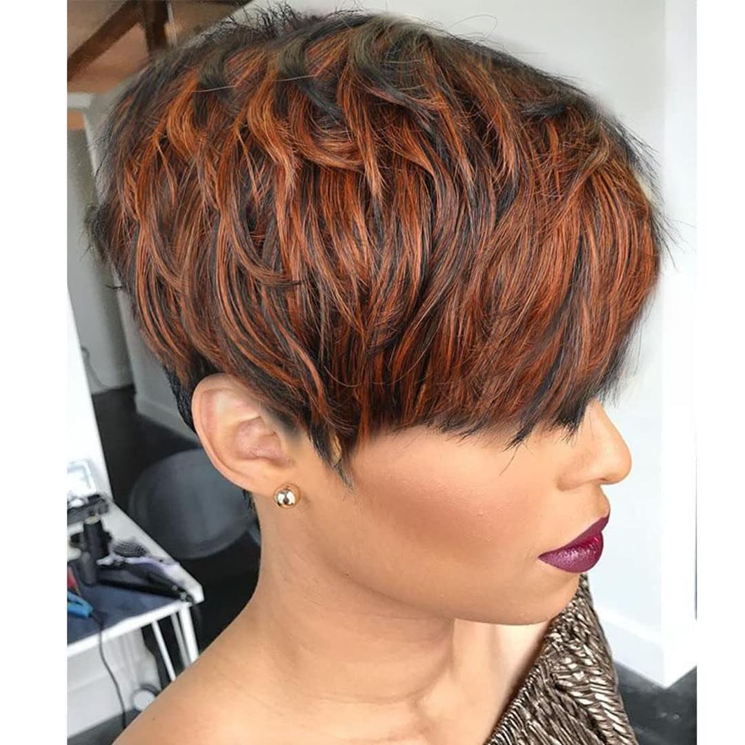 Short Layered Wavy Curly Wig with Bangs Brown Highlights Human Hair Pixie Cut Wig for Black Women Mixed Brown Color F1B/33#