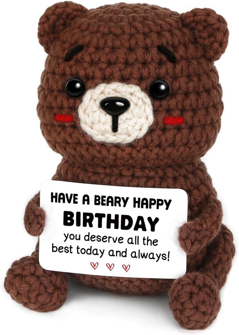 Birthday Gifts for Women Men, Positive Handmade Crochet Bear Decor, Happy Birthday Gifts for Mom Dad Friend Her Him, Cute Keepsake Desk Decor