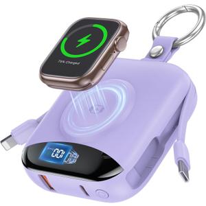 Portable Charger, 10000mAh 22.5W Fast Charging Power Bank with Built-in Cables, Travel Essentials Battery Pack with LED Display for iPhone, Portable iWatch Charger for 11/10/9/8/7/6/5/SE/Ultra Purple