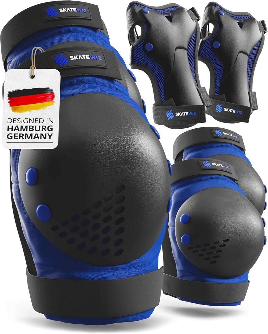 SKATEWIZ Skateboard Pads Protective Gear Set for Kids and Adults - Smash - Roller Skate Pads [6pc] with Wrist Guards - Skating Protective Gear - Roller Derby, M/L