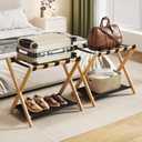 oakvivo Fully Assembled Luggage Racks Pack of 2, Bamboo Natural Foldable Luggage Rack for Guest Room, Suitcase Stand with Fabric Storage Shelf for Hotel, 5 Nylon Straps, 26.77" W x 16.93" D x 22.5" H