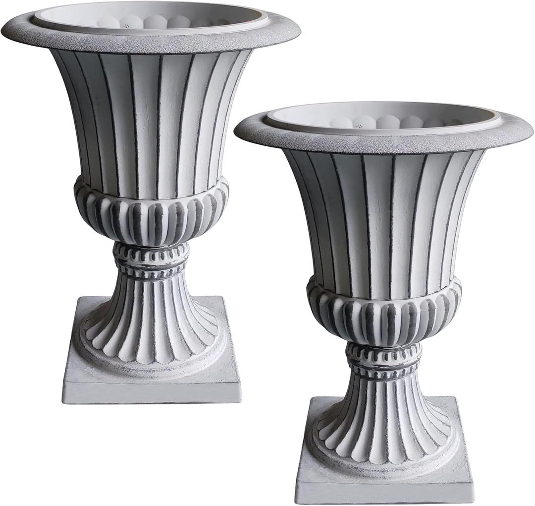 Urn Planters 22", Set of 2, Tall Stone-Resin Pedestal Planters for Outdoor Plants, Large Front Porch Decor, Patio Garden Pots, Outdoor Urns for Entryway, Porch & Deck, White Plant Pot, 21.5 inch high