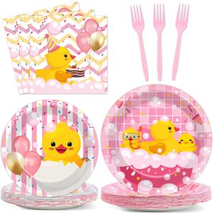 96Pcs Duck Birthday Party Supplies Pink Rubber Duck Paper Plates Napkins Duck Party Decorations Duck Themed Dinnerware Party Favor Girl Birthday Baby Shower Party Tableware Serves 24