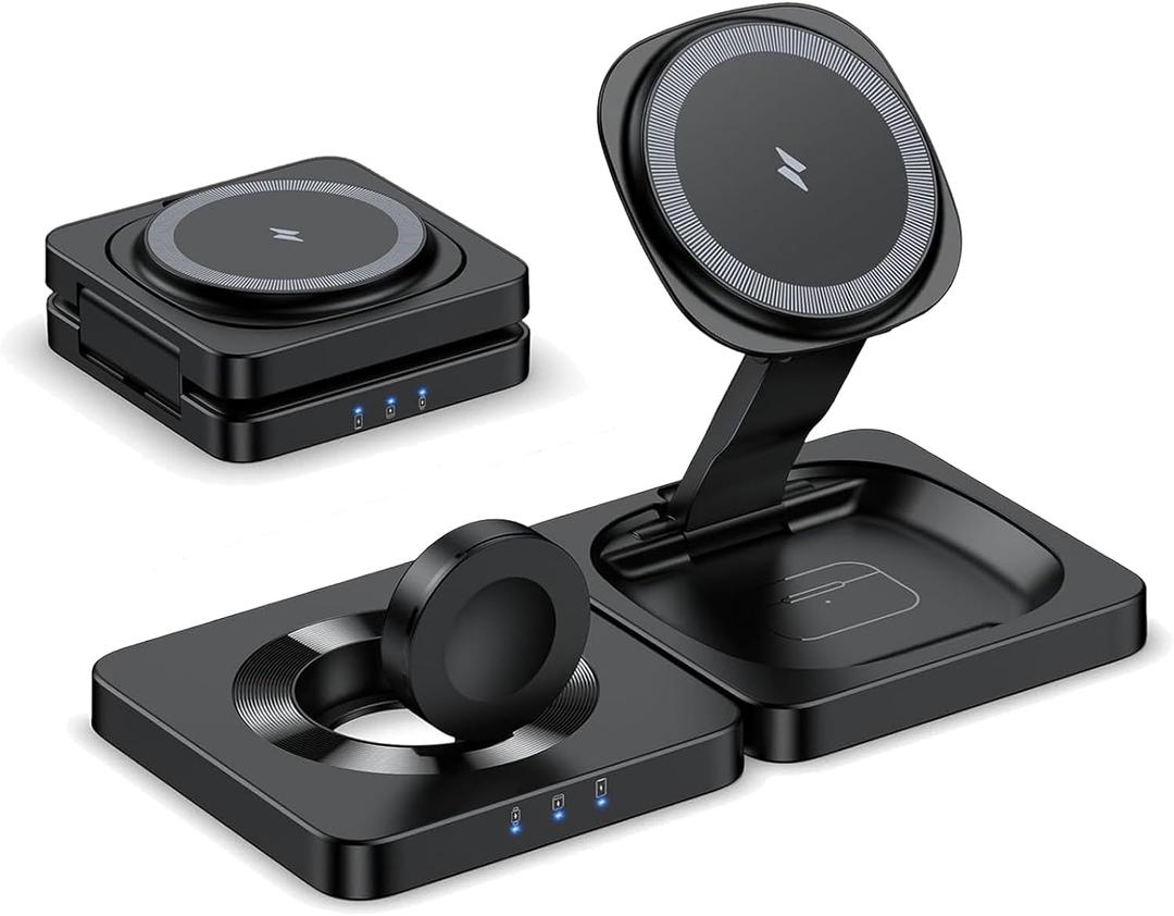 3-in-1 Wireless Charging Station - Foldable Magnetic Wireless Charger for Apple Device, 15W Fast Charging Stand for iPhone 16/15/14/13/12 Pro Max, AirPods & Apple Watch, Portable Travel-Friendly