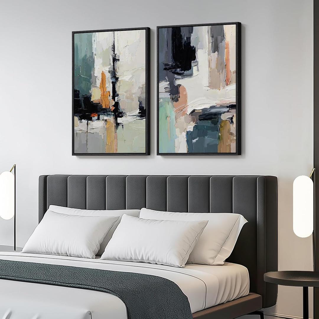 Framed Colorful Abstract Wall Art for Bedroom, Set of 2 Modern Canvas Prints Paintings Artwork for Walls, Bright Blue Green Multicolor Pictures for Living Room, Dining Room, Bathroom Wall Decor 16x24 In, 16" W x 24" H x 2Pcs