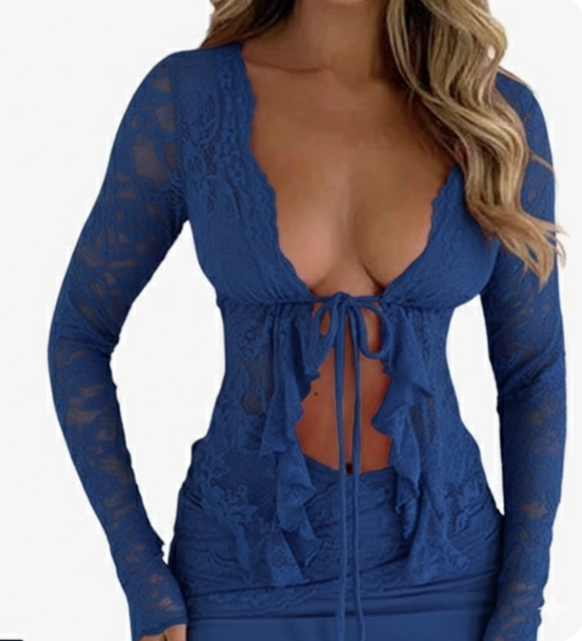 Women's Lace Tie Front Tops Mesh Ruffle Bow Long Sleeve See Through Blouse Shirt Dressy Casual 2025, Size M