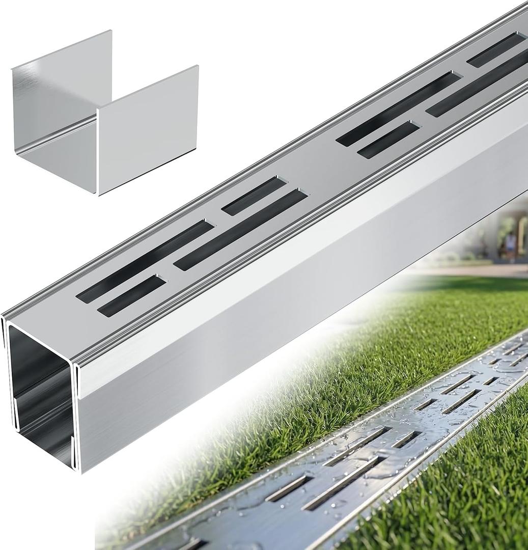 TONGMO Channel Drain 1.69" W x 3.25 FT L x 2.36" H, 304 Stainless Steel Pool Deck Drain Channel with Connector for Pool Decks, Patios, Courtyards, Walkways and Pavers
