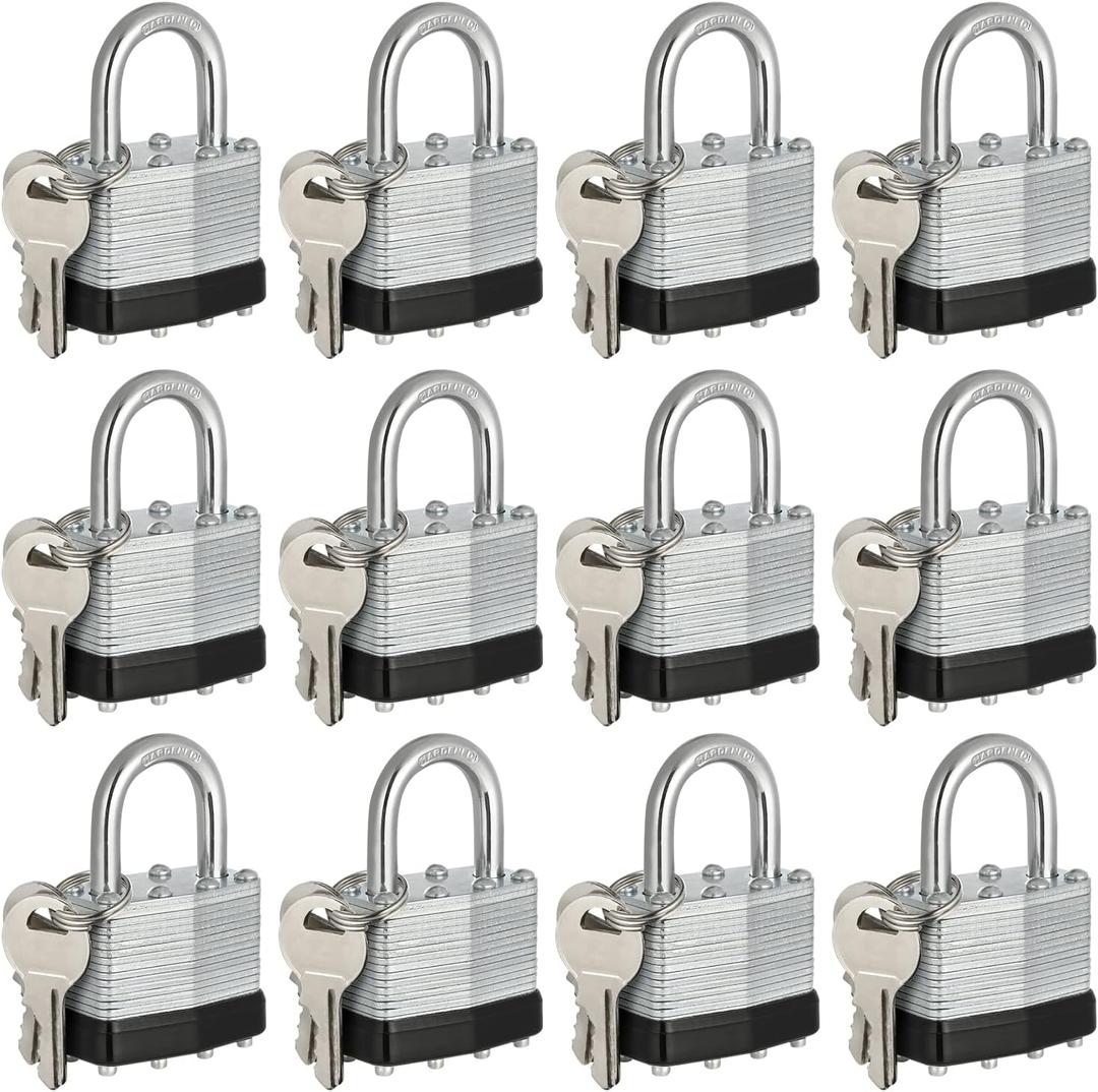 Keyed Alike Padlocks, Nickel Plated Padlocks Keyed Alike Set of 12, Key Lock with 1-9/16"(40mm) Wide Body 1-inch Shackle for Storage Unit, Sheds, Garages and Fence